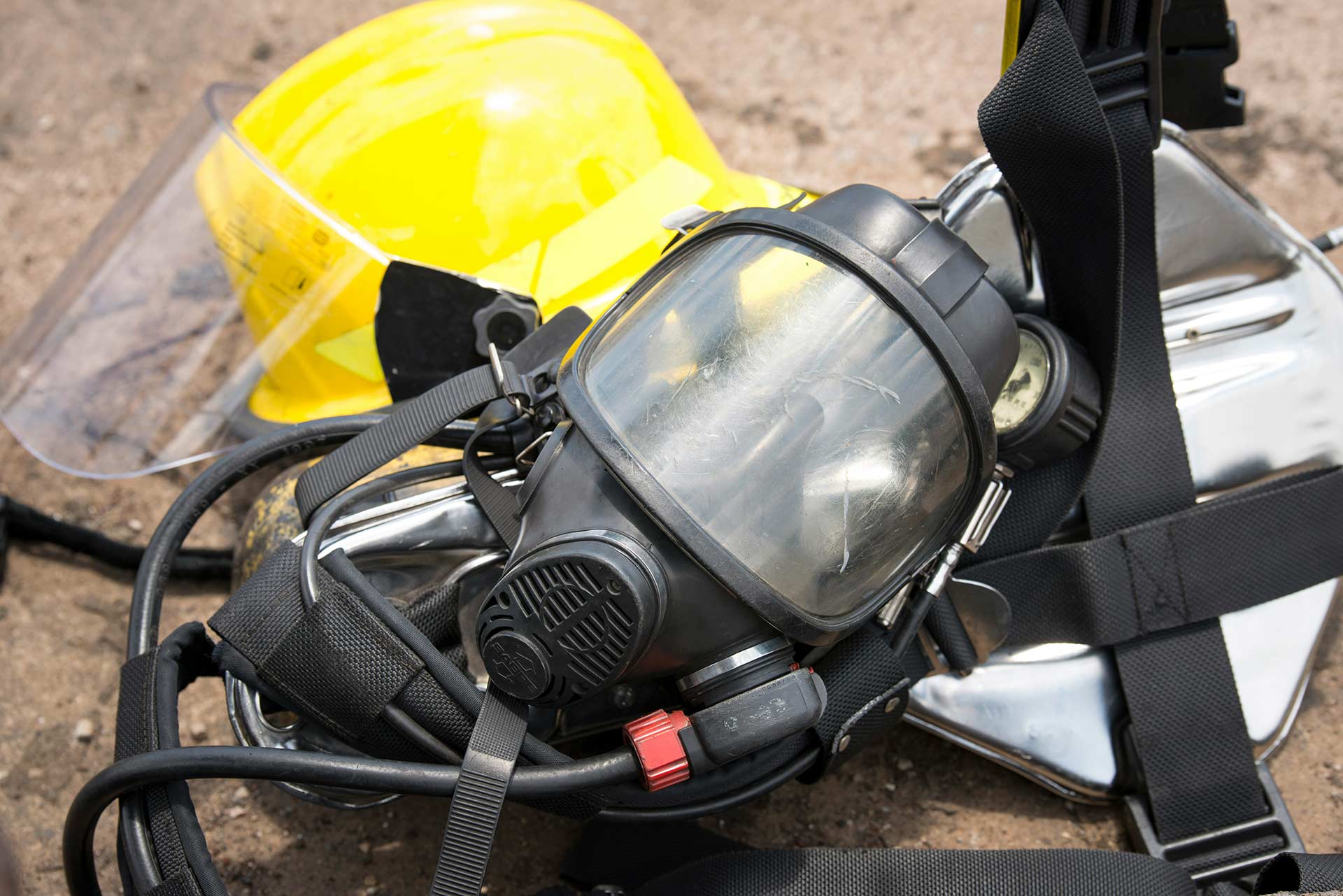 Fireman's safety equipment and breathing aparatus.