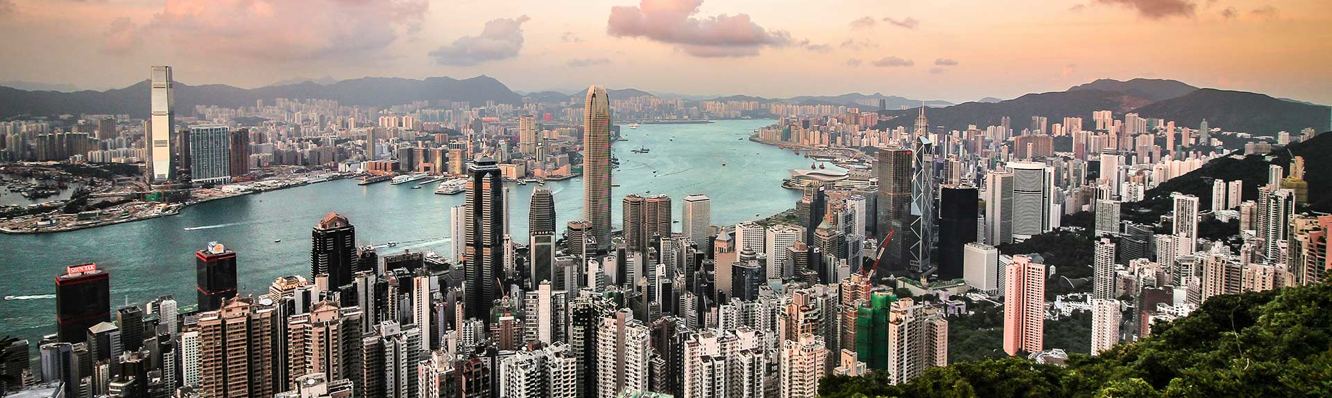 View of Hong Kong and river looking toward the mountains from the air